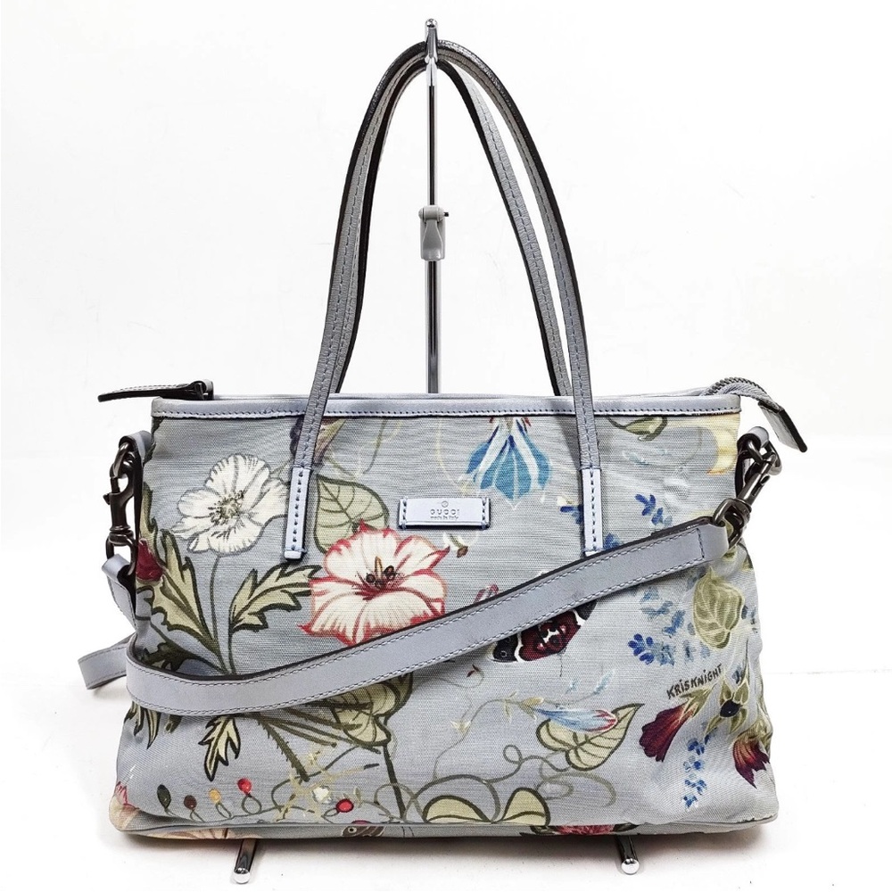 Gucci Light Blue Floral Handbag with Detachable leather crossbody strap